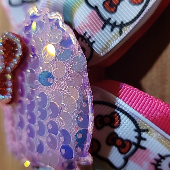 Handmade Kitty Cat Sequins Ribbon and Rhinestone Pink Bow Hair Clip - Picture 6 of 7